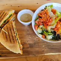 Awesome kimchi panini and side salad at Rooted: Eat More Plants in Medford
