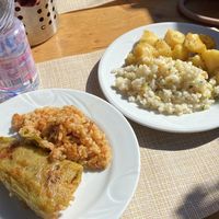 Stuffed bell pepper with rice, rice, oven potatoes   at Novus Traditional Food Restaurant in Vlore