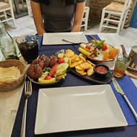 Bread, falafel, fried potatoes, vegetarian foul tahine and Moroccan tea. at Restaurante Damasco in Cordoba