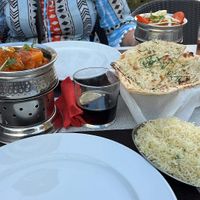 Chana masala, Bombay potato, garlic rice and garlic naan. Very tasty and very filling at The Curry House in Benidorm