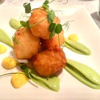 Breaded Hallumi & peas, with a side if chips/wedges. The Vegetarian version of 'Fish, chips, mushy peas' at 1847 in Manchester