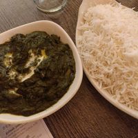 Palak aloo with steamed basmati at Garam Masala in St Pauls Bay