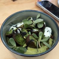 Falafel con humus de aguacate   at Tata Mezcaleria in Morelia