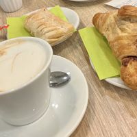 Chocolate croissant, apple strudle and soy milk cappuccino   at Biolino in La Spezia