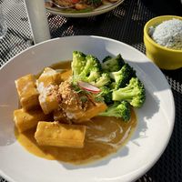Peanut tofu and broccoli, comes with their  blue rice   at September in Bangkok in New Haven