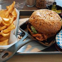 Pulled soy burger with fries! at Wirtshaus im Tutzinger Hof in Starnberg