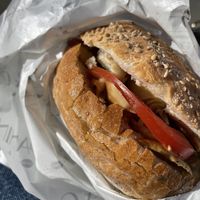 Panini nr 41 with artichoke, tomato, porcini mushrooms and eggplant at Panini & Co in Arezzo