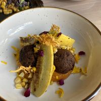 Three Sisters Fritter (dinner special) - so tastey and different from the other three sisters corn sandwich, it’s spicy!   at Owamni by The Sioux Chef in Minneapolis