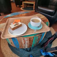 Carrot cake and coffee at The Little Fox Coffee & Bookshop in Whitby