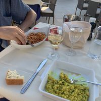 Asparagus risotto and tomato pasta with bread and local white wine  at Val in Vis