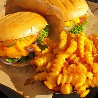 Vegan cheese burgers and fries at VINCENT - Hauptbahnhof Hamburg in Hamburg
