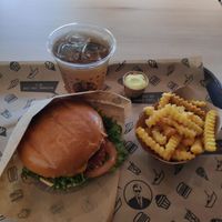 The Hamburger, Crinkle Cut Fries, Ice tea and Vajoneesy Dip at VINCENT - Hauptbahnhof Hamburg in Hamburg