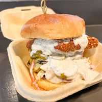 Chicken sandwich- delish, but very saucy  at PlantPub in Cambridge