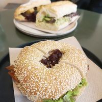 Smoked 'ham' and pepper bagel with homemade red onion relish at Market by Jeremy in Luxembourg City