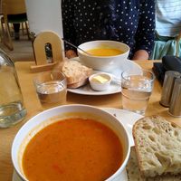 Vegan soup selections. Vegan spreads and bread. at The Wild Olive Tree in Glasgow