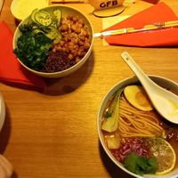 A ramen with seitan on the right and a ramen with mushrooms on the left. Protein bowl on the top. at Good Food Bowl in Moscow