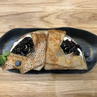 Pancakes with blueberry jam (good but not spectacular)  at Good Food Bowl in Moscow