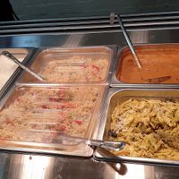 Rice, nasi gorgen, butter chick'n and yellow curry at Vegie Tribe in Melbourne