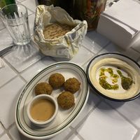 Falafel “popcorn” and hummus plate (both starters) at NENI am Prater in Vienna