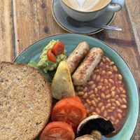 vegan sausage and beans, cappuccino with oat milk  at Esquires Coffee in Bournemouth