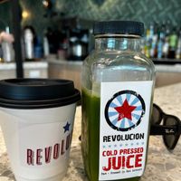 Great juice and amazing mushroom coffee (Oatmilk)  at Revolucion Coffee + Juice RIM in San Antonio