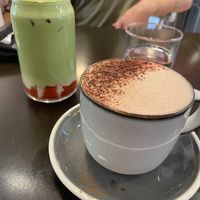 Matcha fraise and hot chocolate  at SAUG.E cuisine végane in Sherbrooke