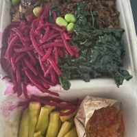 Rice and pumpkin with shii-take & black beans mince sauce, cavolo nero, red beets, soy beans at Pao & Tjoy in Utrecht