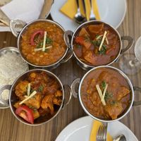 Left top: Tadka Daal. Left bottom: Aloo Gobi. Right top: Soy Meat Curry with Karahi Flavour. Right bottom: Soy Meat Curry with Dhansak Flavour at Indian Express in Tenerife