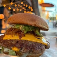 Vegan burger outside on the patio (no fries in sight because they're not vegan anymore) at Burger Lounge - Little Italy in San Diego