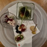 Appetizers: brussel sprouts, avocado toast, cauliflower, berries.. very nice mixture of so many different tastes. at En Japanese Brasserie in New York City