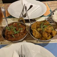Eggplant curry and potato and cauliflower tikka at Indian Jewel in Prague