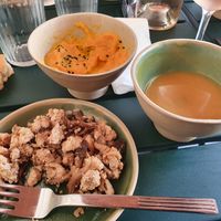 Scrambled tofu with oyster mushrooms, sweet potato soup and carrot & ginger dip. Three of five vegan options.  at La Cartonnerie in Cleon Dandran