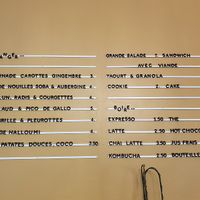 The menu changes weekly but here you can see five out of seven options are vegan.  at La Cartonnerie in Cleon Dandran