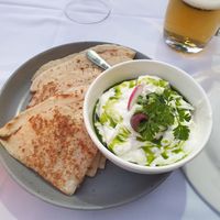 Vegetarian tzatziki and glutenfree pita bread at Greek Stories in Athens