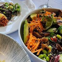 vegan moussaka and healthy bowl at Greek Stories in Athens