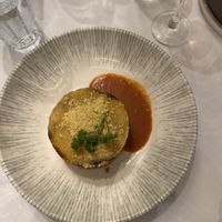 Aerial view of vegan moussaka   at Greek Stories in Athens