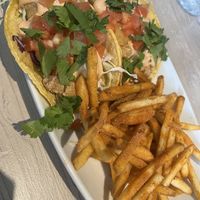Fysh tacos with seasoned fries  at Loving Hut - Mira Mesa in San Diego