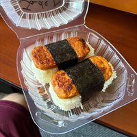 Spam musubi (vegan spam atop rice wrapped in seaweed and topped with furikake and sweet soy sauce) at Loving Hut - Mira Mesa in San Diego