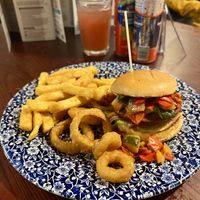 Fiesta burger, fries, onion rings & drinks   at The King's Highway in Inverness