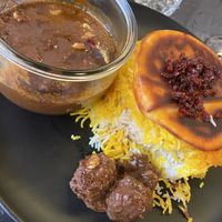 Vegan meat balls in Tamarind-Walnut Sauce, Safran Rice, Rice cake  at Shekamu in Nuremberg