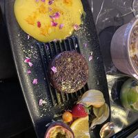 Brownie with Safran sauce and pistachio creme   at Shekamu in Nuremberg