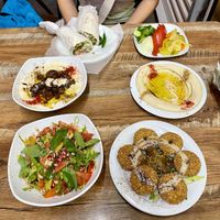 so delicious! Falafel Dürüm, vegetables, Hummus, Falafel, Salad and Ful at Eşter in Gaziantep