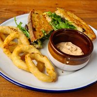 Magic Mushy toastie with added onion rings at Earth Cafe in Port Adelaide