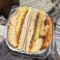 Sausage egg and cheese - listed as on English muffin, but given on a roll - double check when you order!   at Vegan Deli in New York City