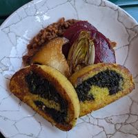 Potato and spinach roulade with lentils at Café Derbl in Hallstatt