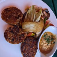 Vegetarian patties with home made hummus at Café Derbl in Hallstatt