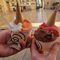 Lemon/strawberry and dark cholocate/raspberry-rose at Livanti Gelato Di Sicilia in Alicante