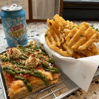 Red top with vg truffle waffle fries and a brew  at Square in Newcastle Upon Tyne