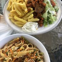 chow mein and vegbab plate at Loving Hut Express in Ljubljana