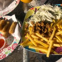 spring rolls and gyros on a plate at Loving Hut Express in Ljubljana